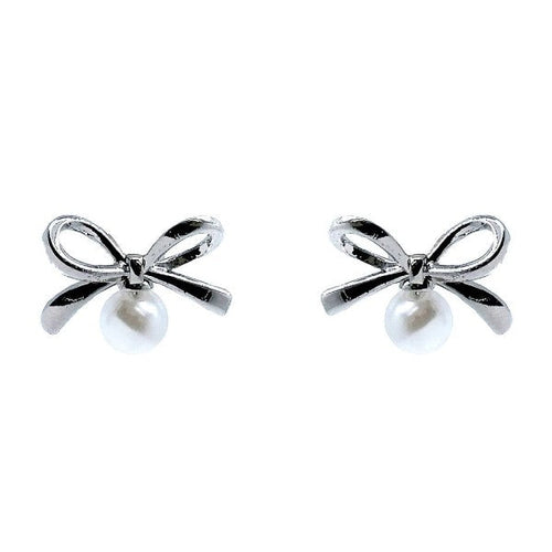 Bow Ribbon w Faux Pearl Stud Earrings