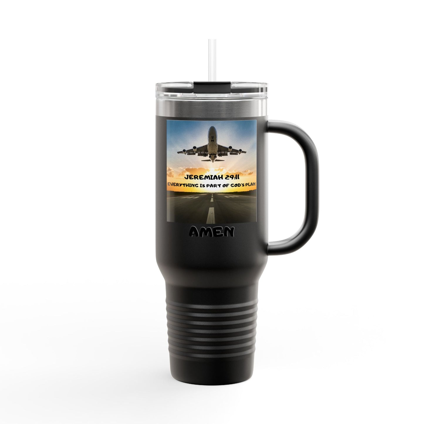 Insulated Travel Mug — 'Jeremiah 29:11' Airplane Prayer Design (Amen)
