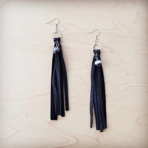 Leather Fringe Earrings w Silver Bead Accent Black