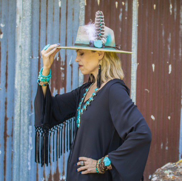 Leather Fringe Earrings w Silver Bead Accent Black