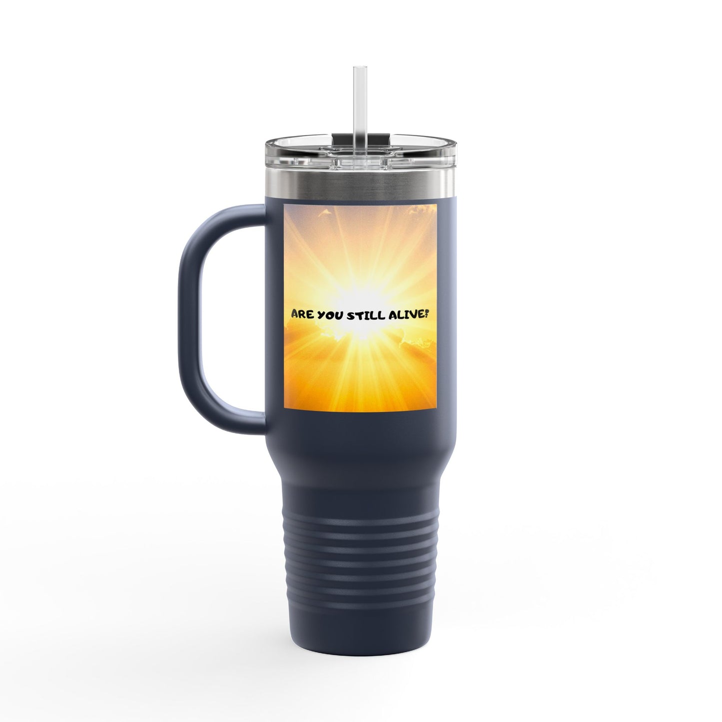 40oz Insulated Travel Mug — Cute Kawaii Face "Live" Design, Large Vacuum Tumbler with Straw