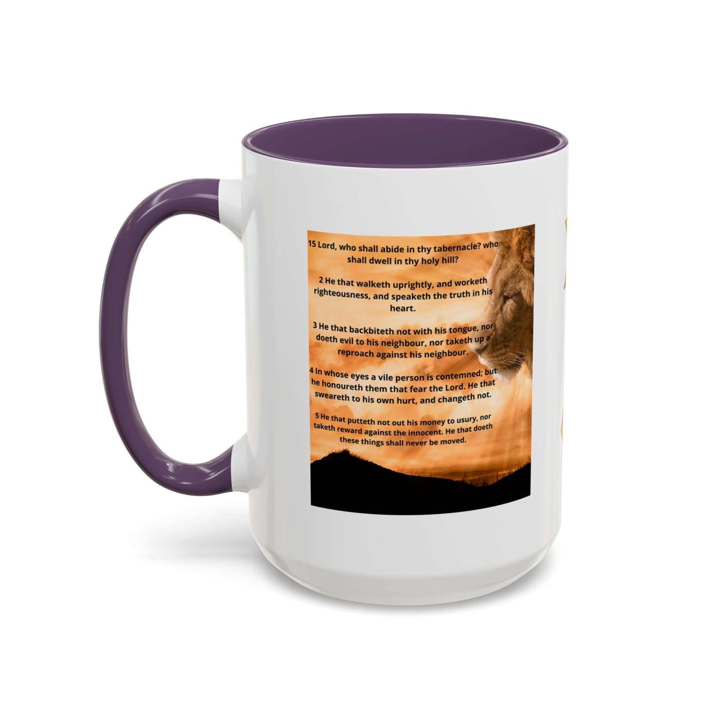 PSALM 15 ENG / SPA Inspirational Lion Accent Coffee Mug | Faith Mug, Motivational Gift, Nature Lover's Cup, Home Decor, Office Drinkware