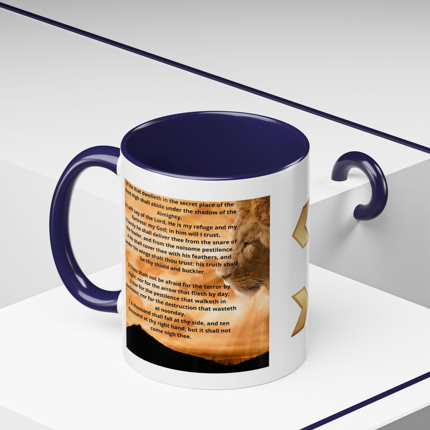 PSALM 91 Inspirational Lion Accent Coffee Mug | Motivational Gift, Scripture Mug, Unique Home Decor, Faith-Based Coffee Cup, Lion Design