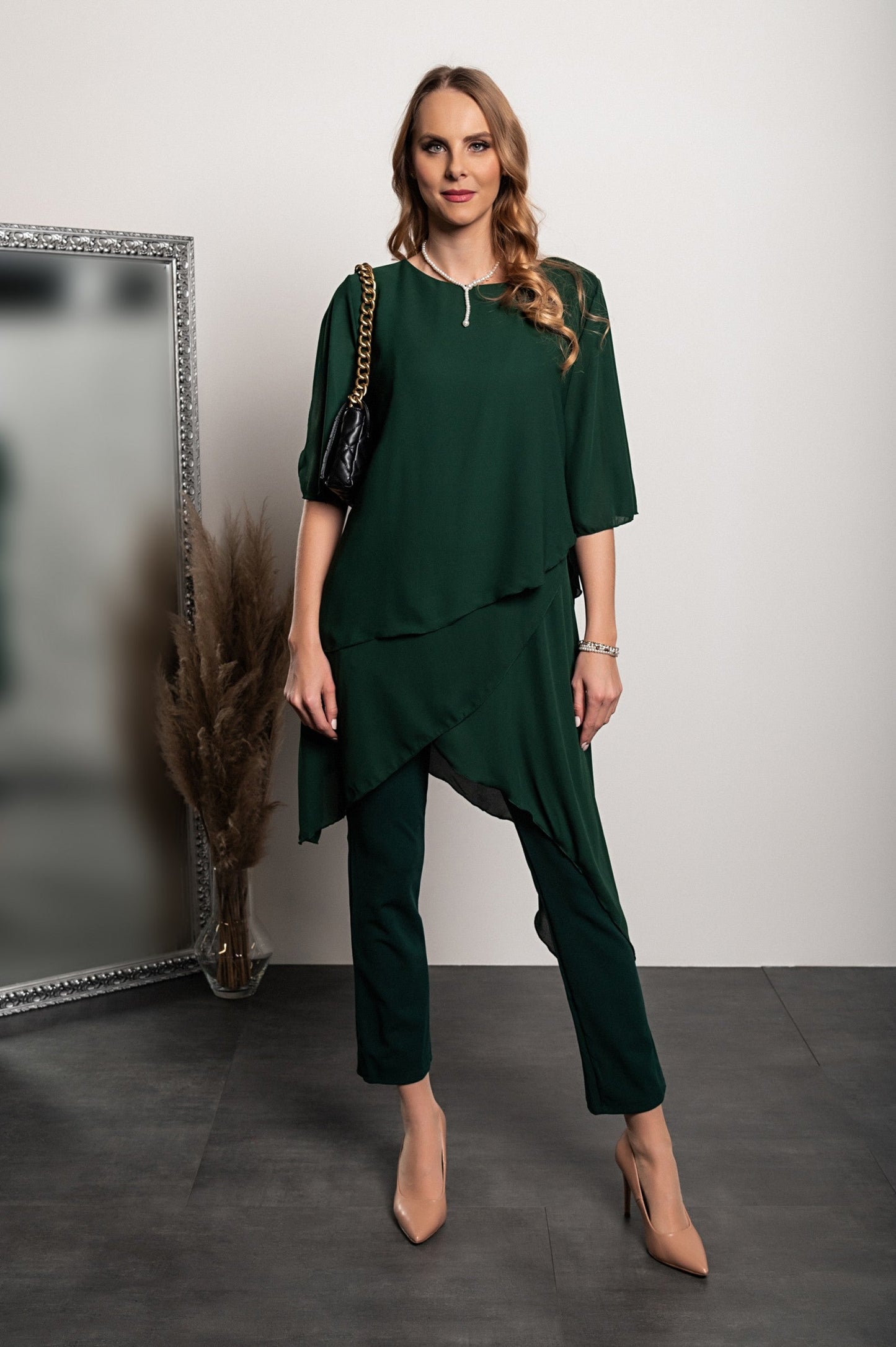 Set of elegant translucent tunic and long pants Claudette, green