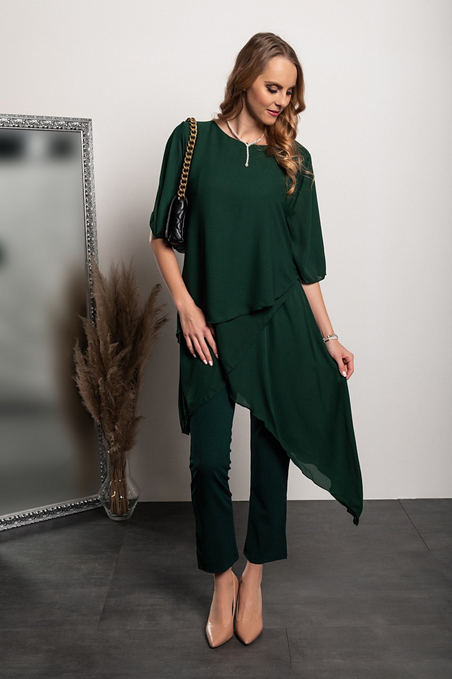 Set of elegant translucent tunic and long pants Claudette, green