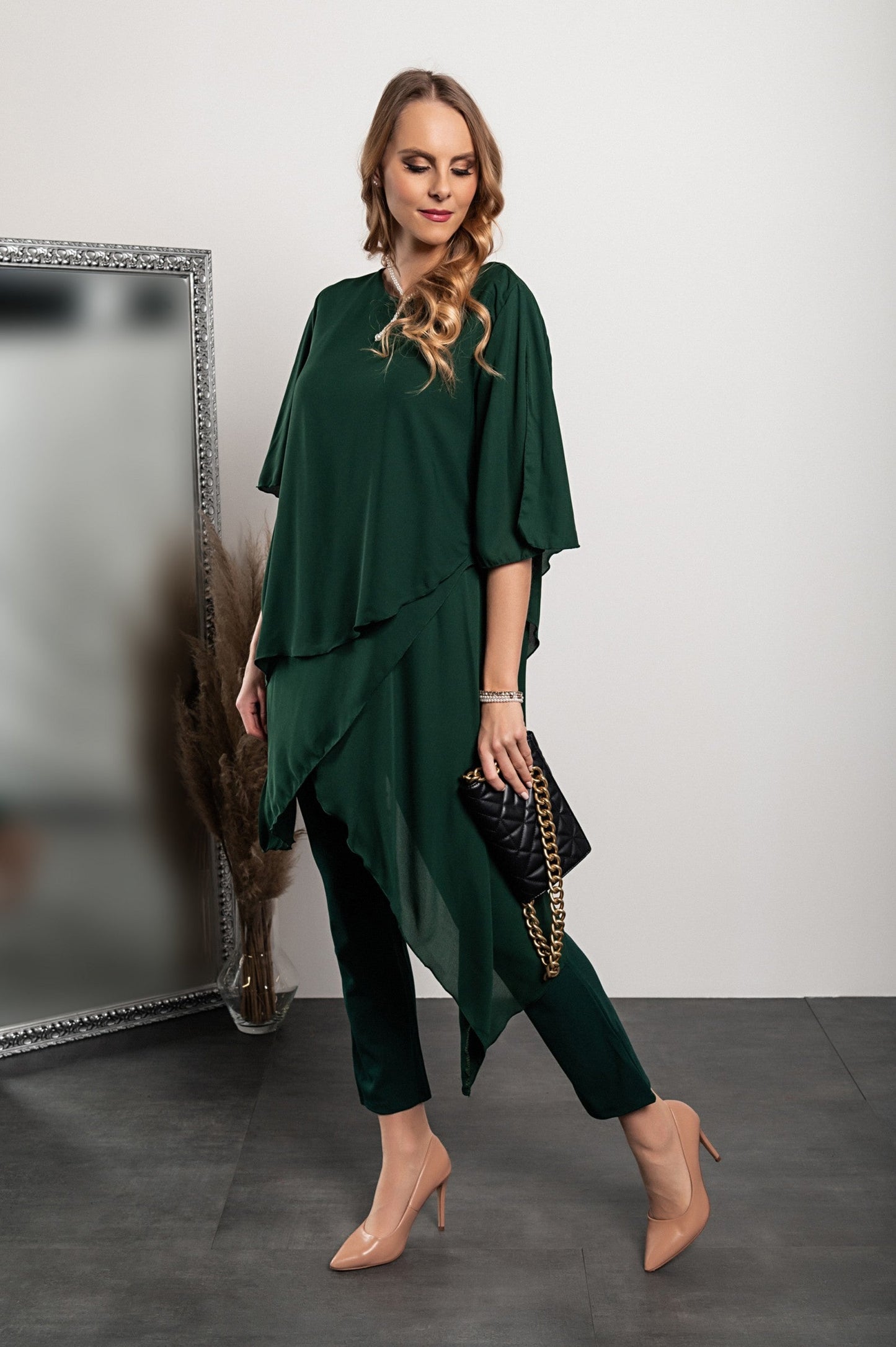 Set of elegant translucent tunic and long pants Claudette, green