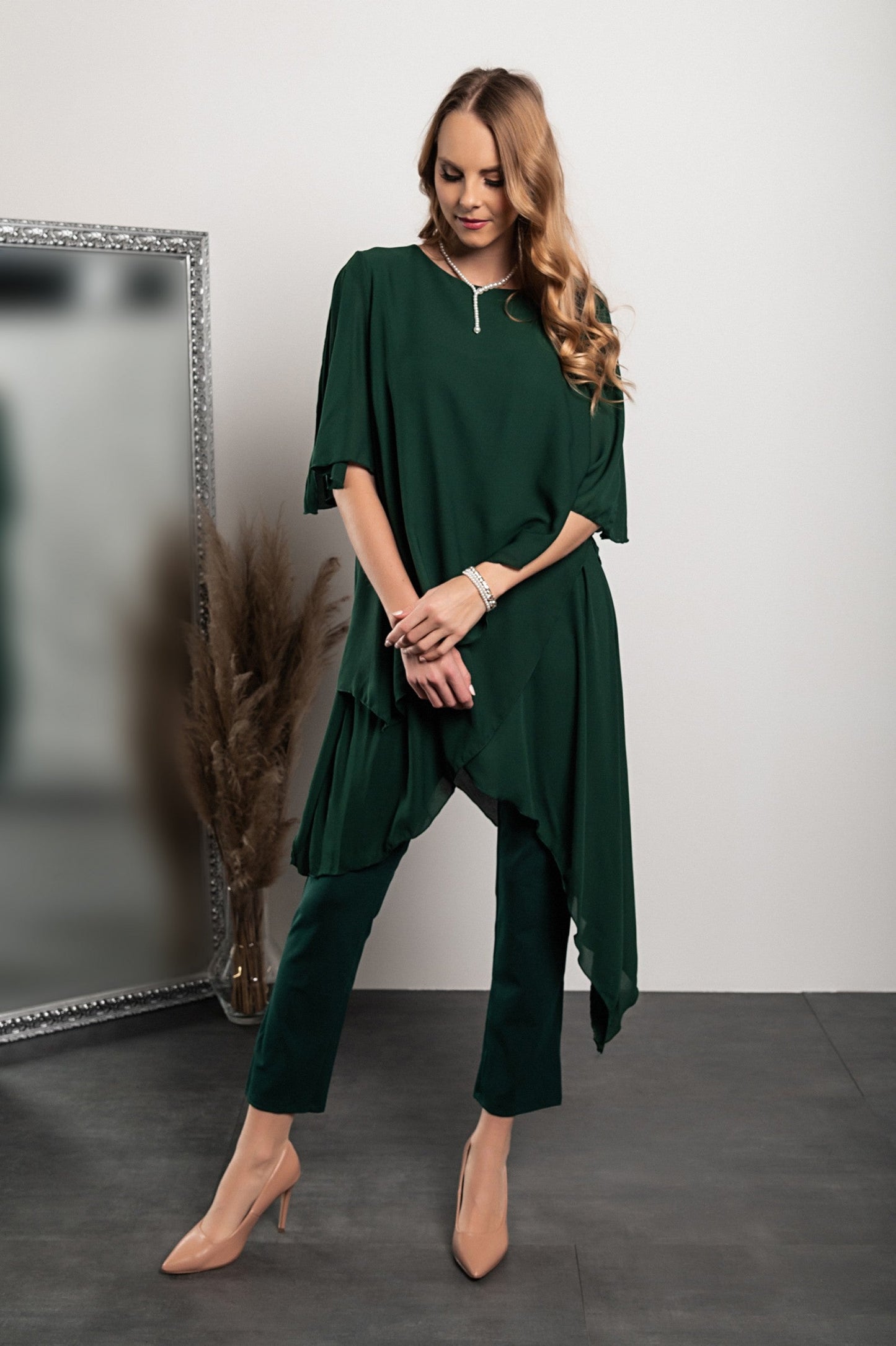 Set of elegant translucent tunic and long pants Claudette, green