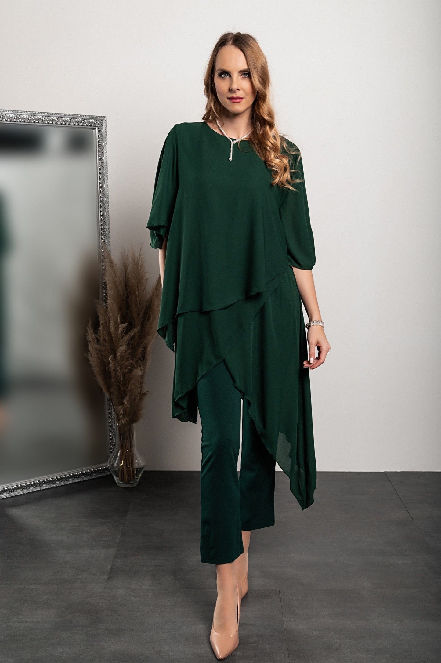 Set of elegant translucent tunic and long pants Claudette, green