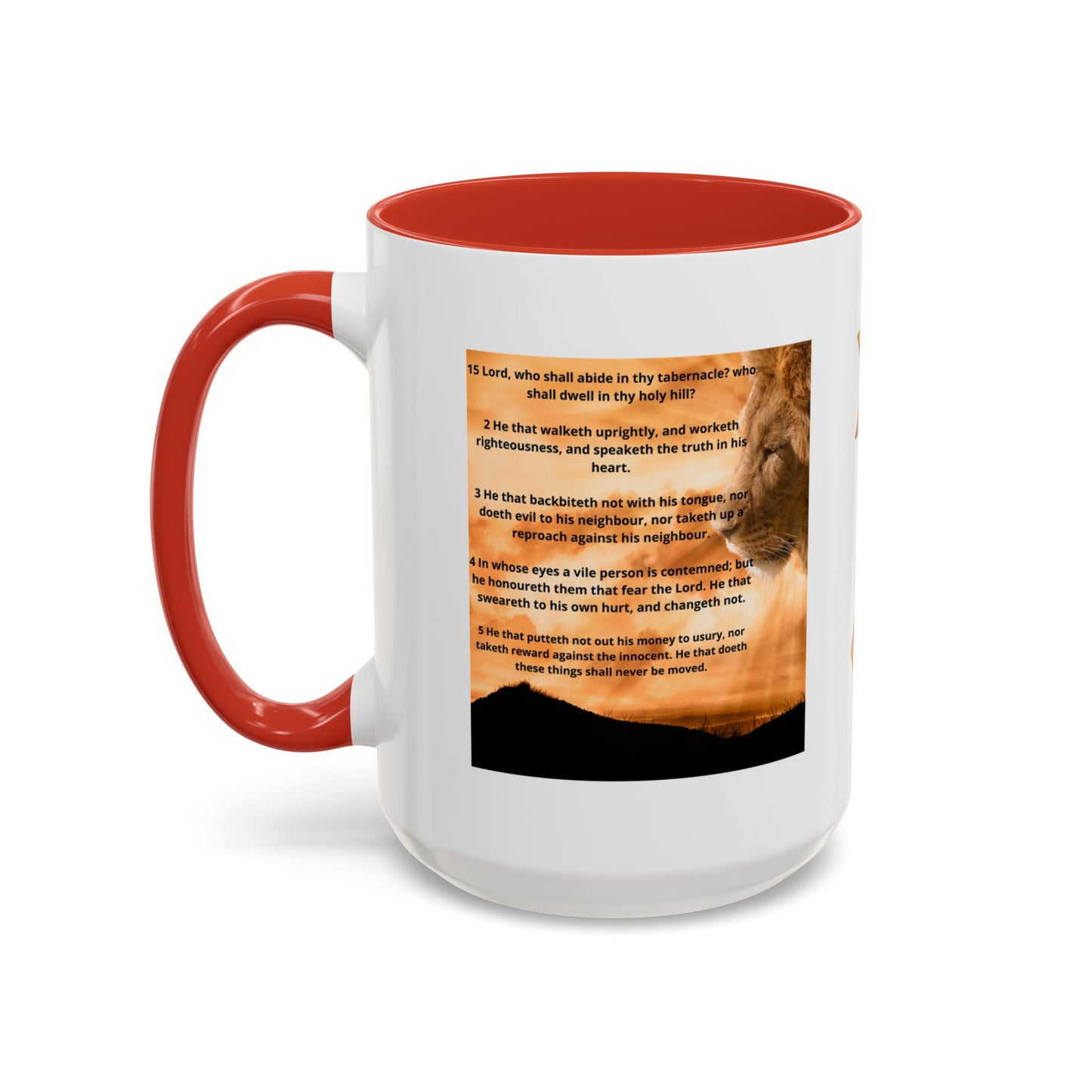 PSALM 15 ENG / SPA Inspirational Lion Accent Coffee Mug | Faith Mug, Motivational Gift, Nature Lover's Cup, Home Decor, Office Drinkware