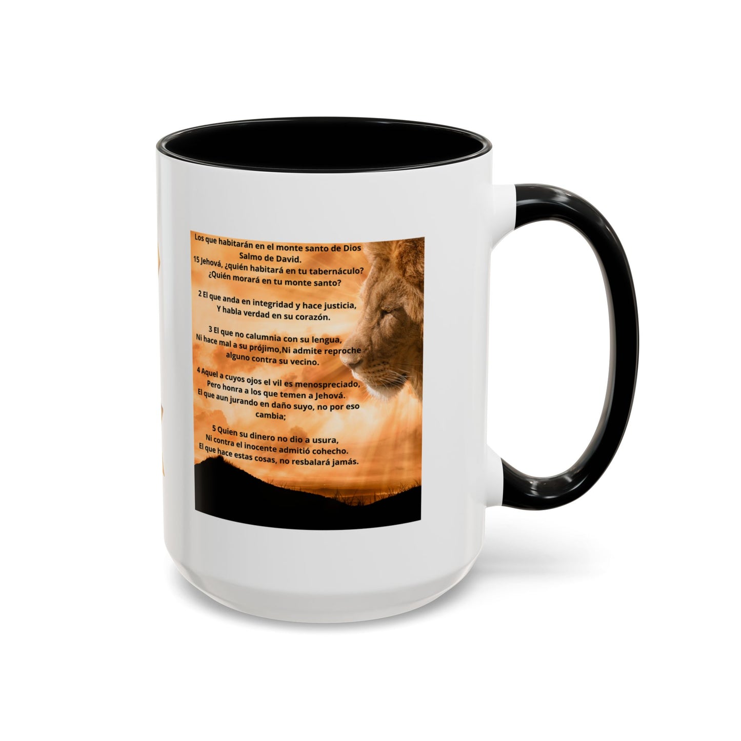 PSALM 15 ENG / SPA Inspirational Lion Accent Coffee Mug | Faith Mug, Motivational Gift, Nature Lover's Cup, Home Decor, Office Drinkware