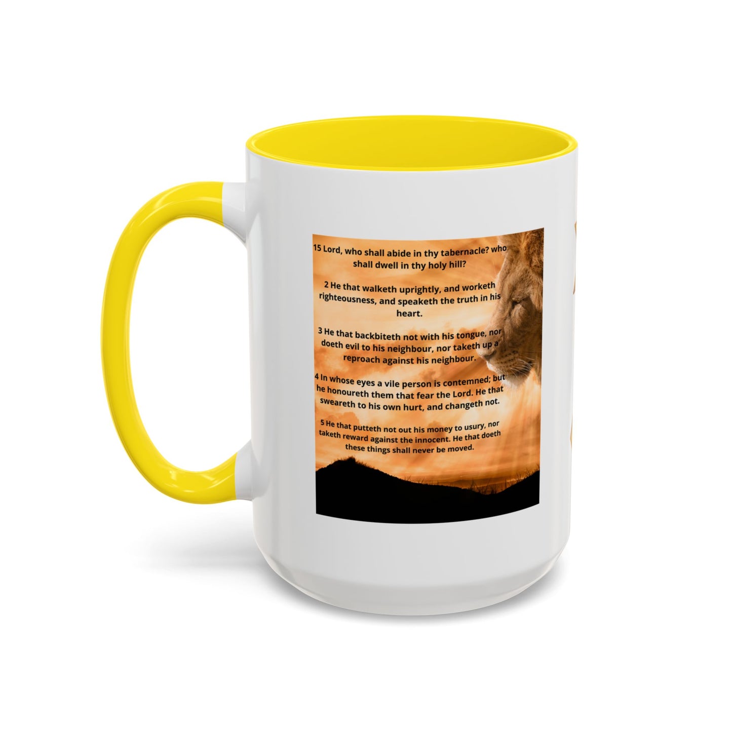 PSALM 15 ENG / SPA Inspirational Lion Accent Coffee Mug | Faith Mug, Motivational Gift, Nature Lover's Cup, Home Decor, Office Drinkware
