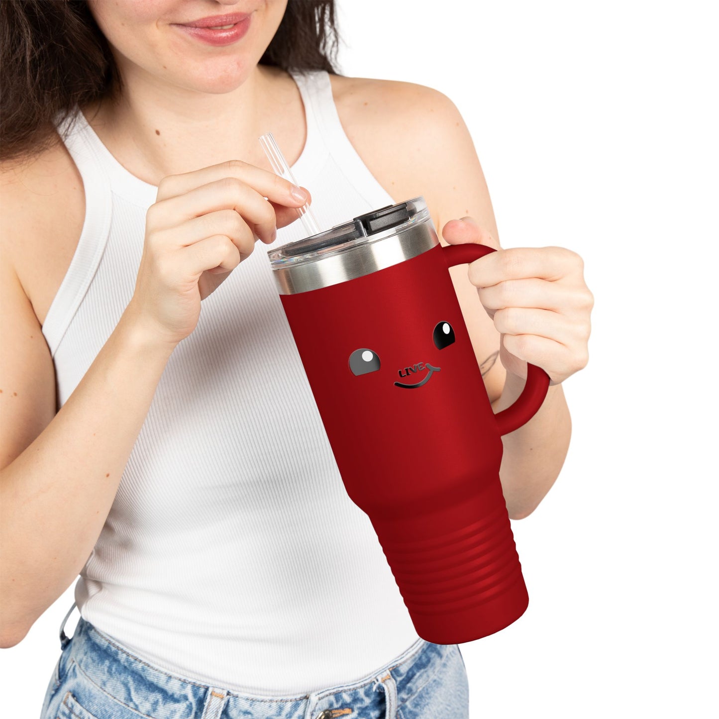40oz Insulated Travel Mug — Cute Kawaii Face "Live" Design, Large Vacuum Tumbler with Straw