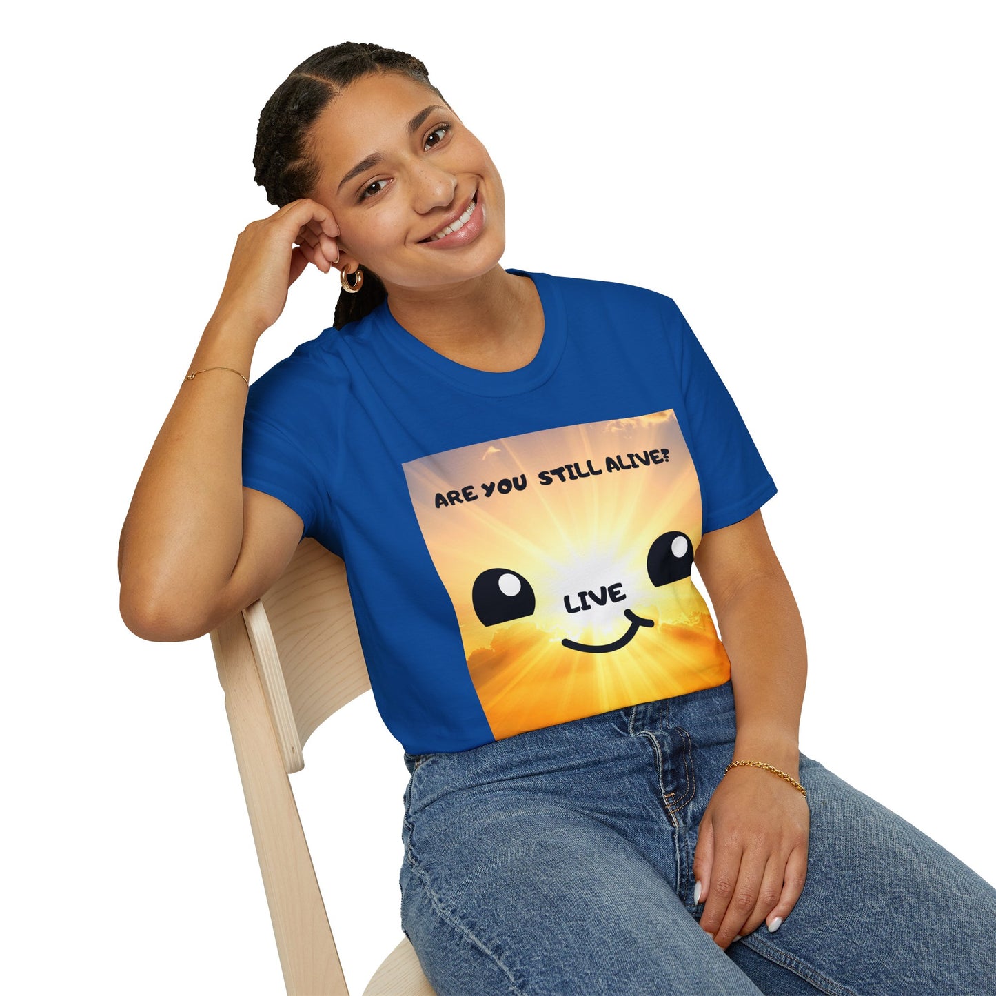 Live Smiley T-Shirt — 'Are You Still Alive?' Sunburst Positive Tee