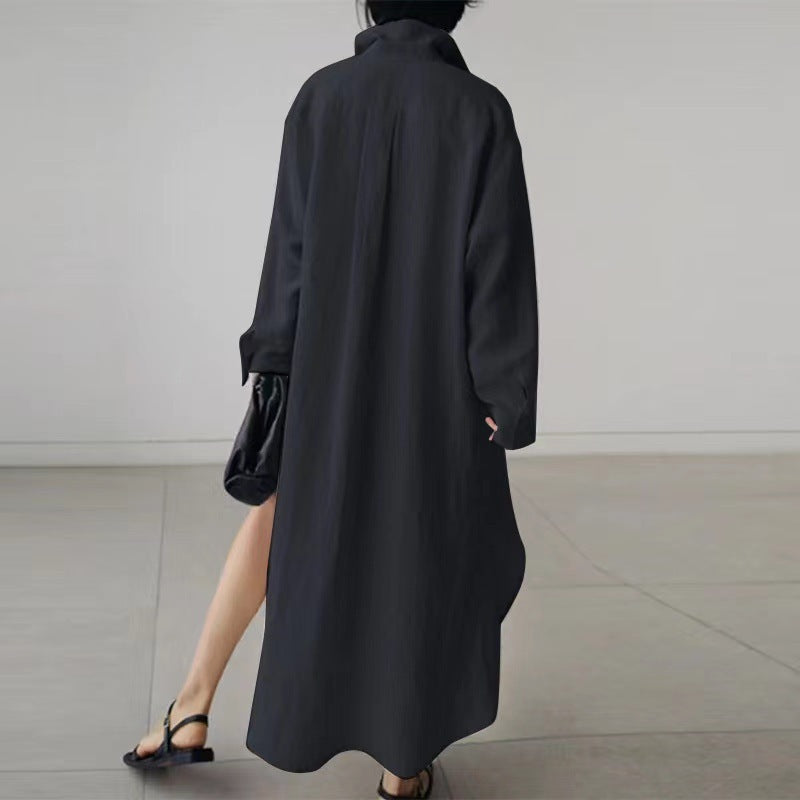 Women's Slit Shirt Dress Solid Color Long-sleeved Cardigan Irregular