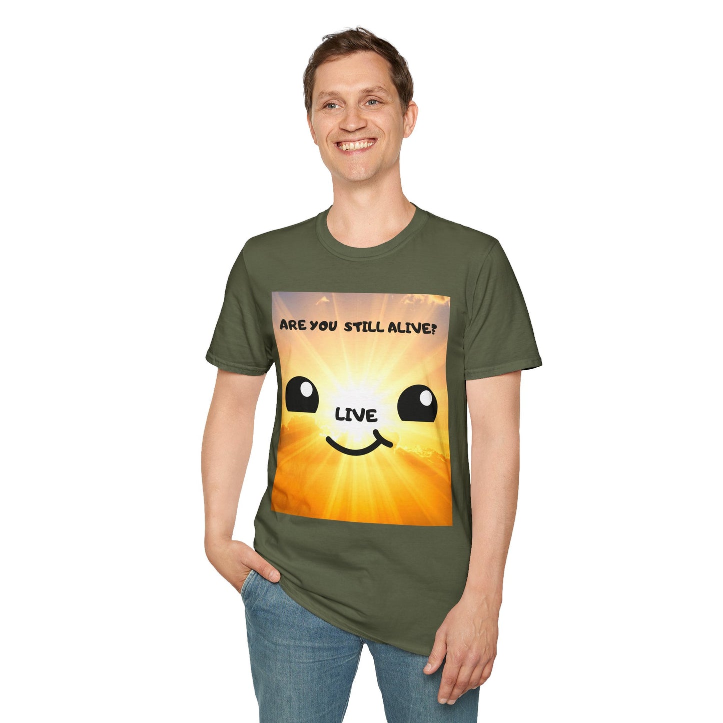 Live Smiley T-Shirt — 'Are You Still Alive?' Sunburst Positive Tee
