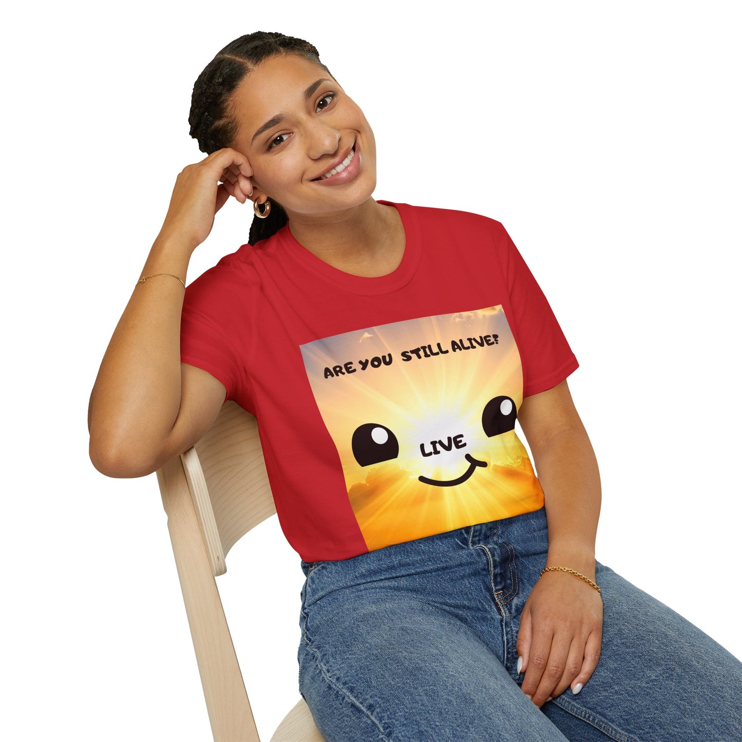 Live Smiley T-Shirt — 'Are You Still Alive?' Sunburst Positive Tee