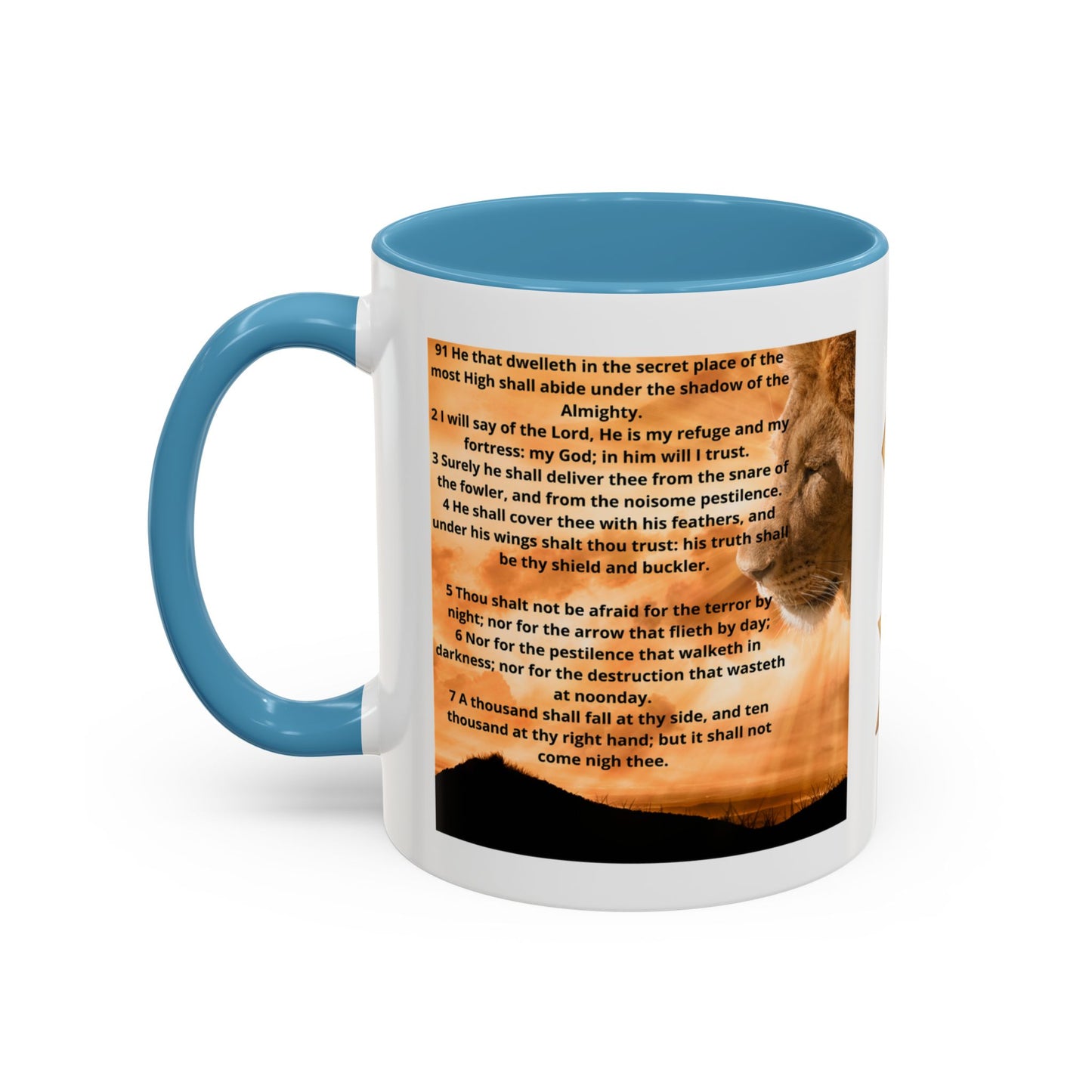 PSALM 91 Inspirational Lion Accent Coffee Mug | Motivational Gift, Scripture Mug, Unique Home Decor, Faith-Based Coffee Cup, Lion Design