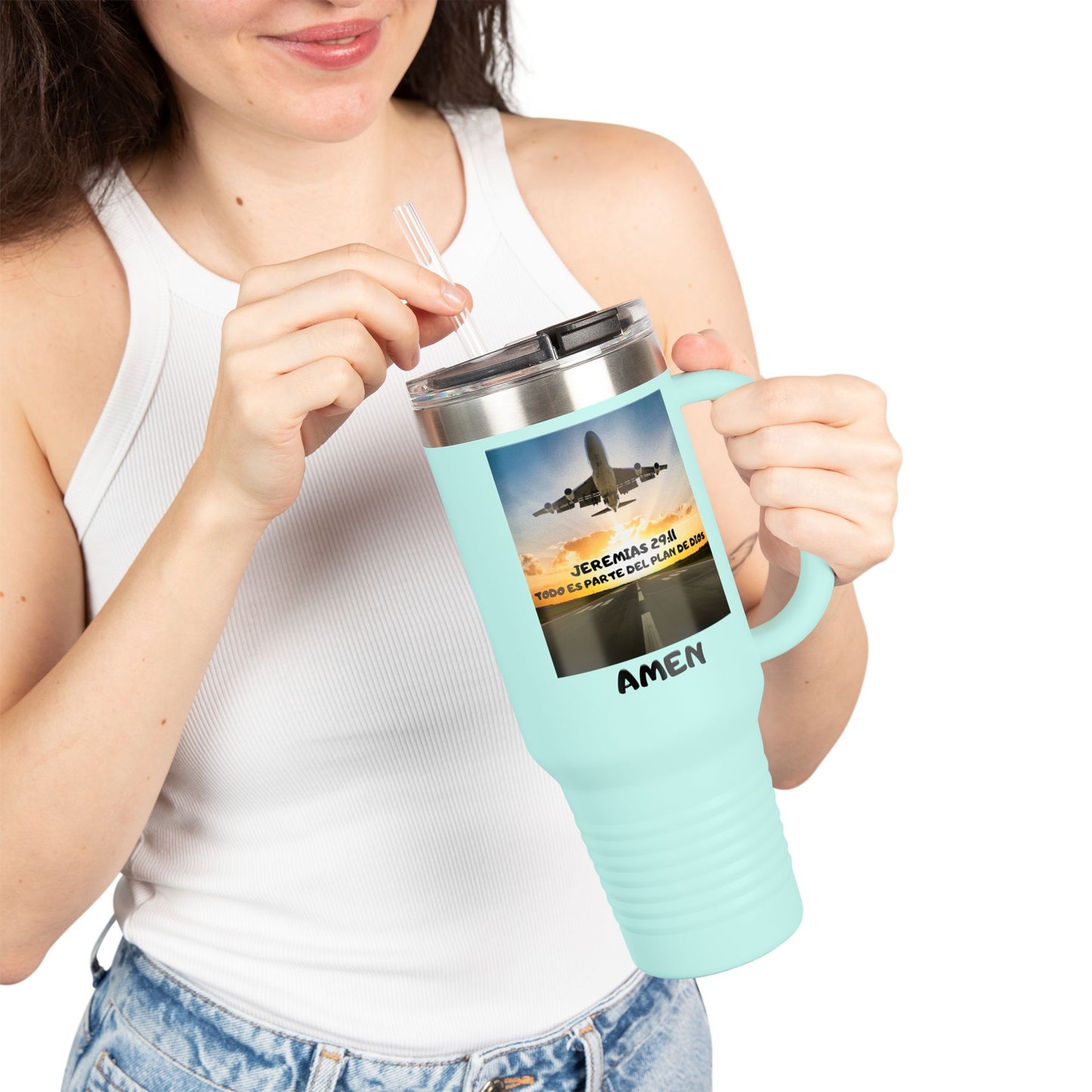40oz Insulated Travel Mug — Airplane Sunset Design with "Amen" & Jeremiah 29:11 Verse