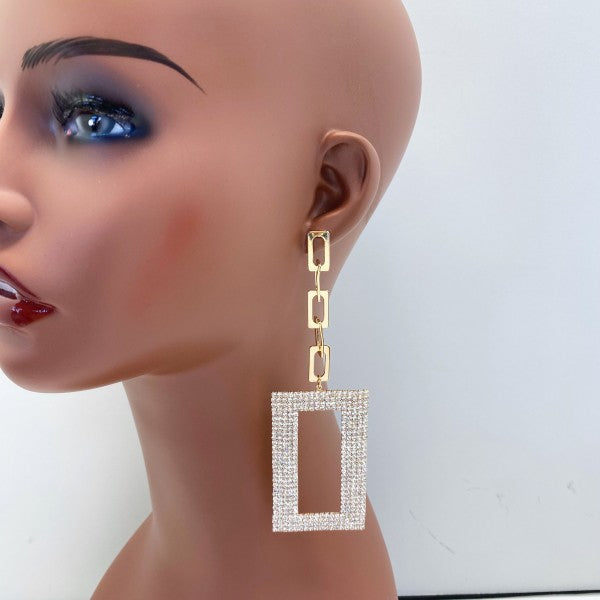 Drop Dangle Long Rhinestone Rectangle Earrings