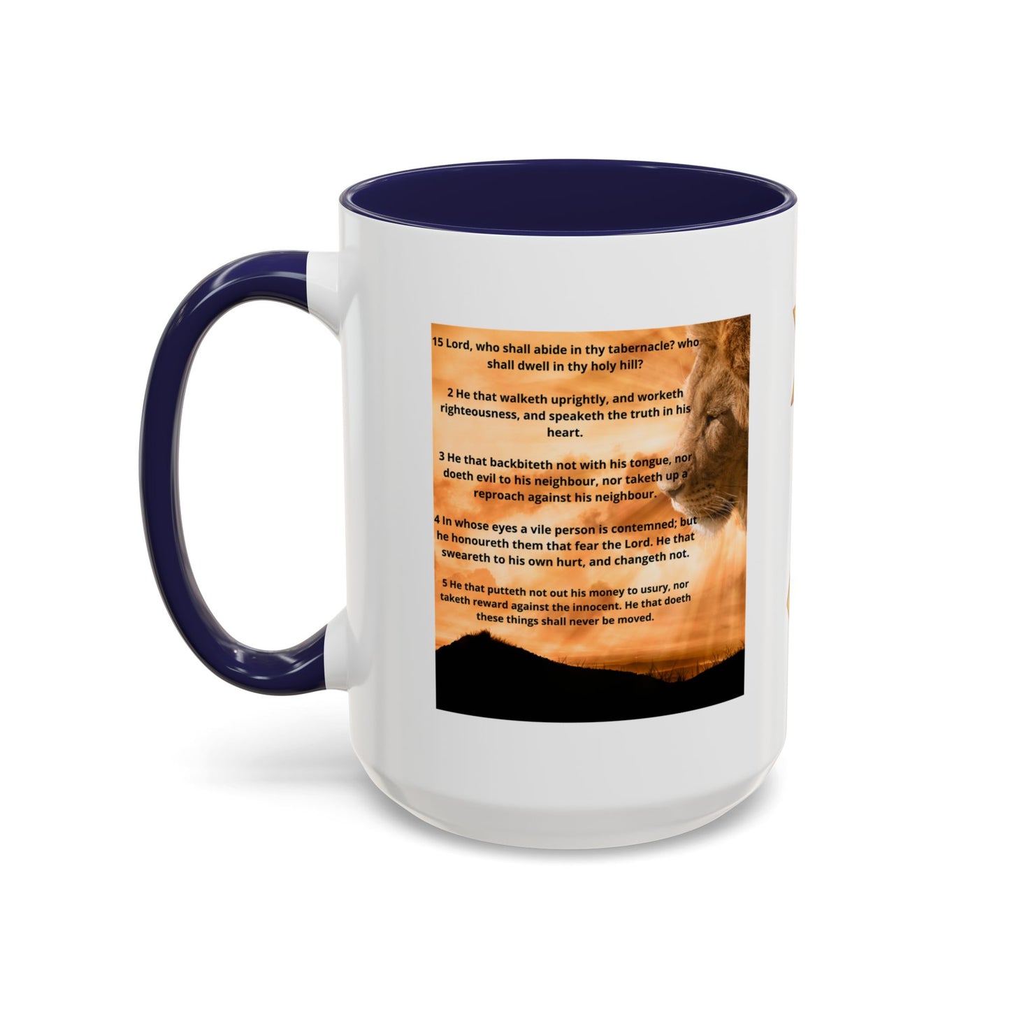 PSALM 15 ENG / SPA Inspirational Lion Accent Coffee Mug | Faith Mug, Motivational Gift, Nature Lover's Cup, Home Decor, Office Drinkware