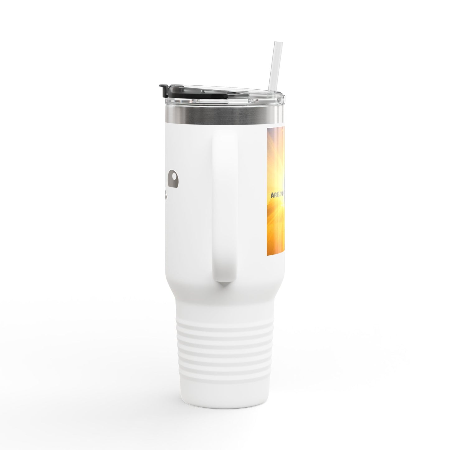 40oz Insulated Travel Mug — Cute Kawaii Face "Live" Design, Large Vacuum Tumbler with Straw