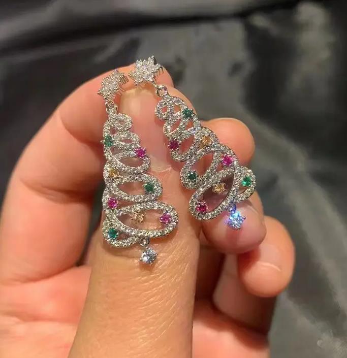 New Full Inlaid Colorful Zircon Christmas Tree Tassel Earrings Women's