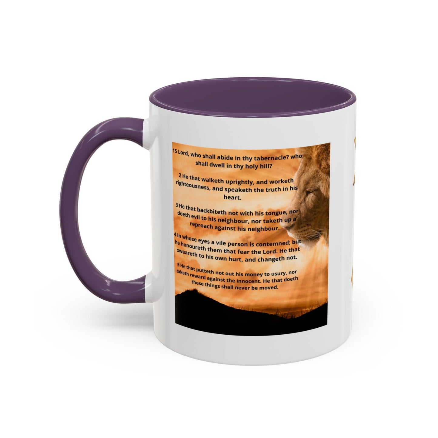 PSALM 15 ENG / SPA Inspirational Lion Accent Coffee Mug | Faith Mug, Motivational Gift, Nature Lover's Cup, Home Decor, Office Drinkware