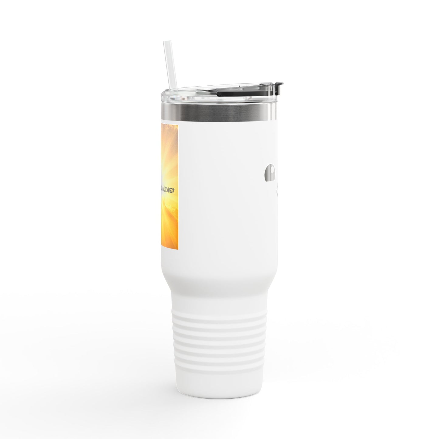 40oz Insulated Travel Mug — Cute Kawaii Face "Live" Design, Large Vacuum Tumbler with Straw