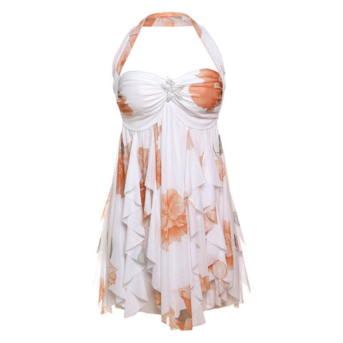 Ins Halter Neck Backless Dress Summer Sexy Printed Irregular Mesh