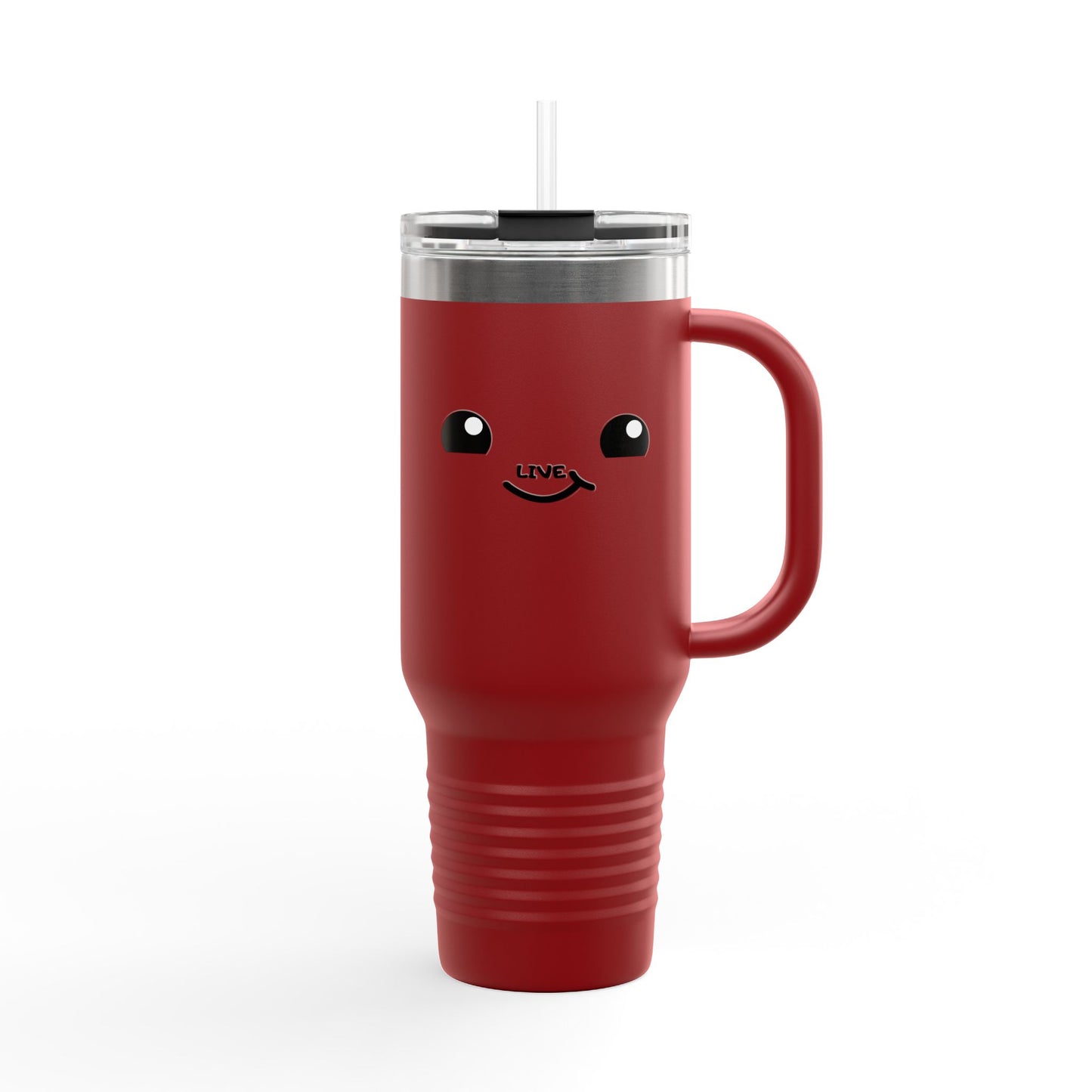 40oz Insulated Travel Mug — Cute Kawaii Face "Live" Design, Large Vacuum Tumbler with Straw