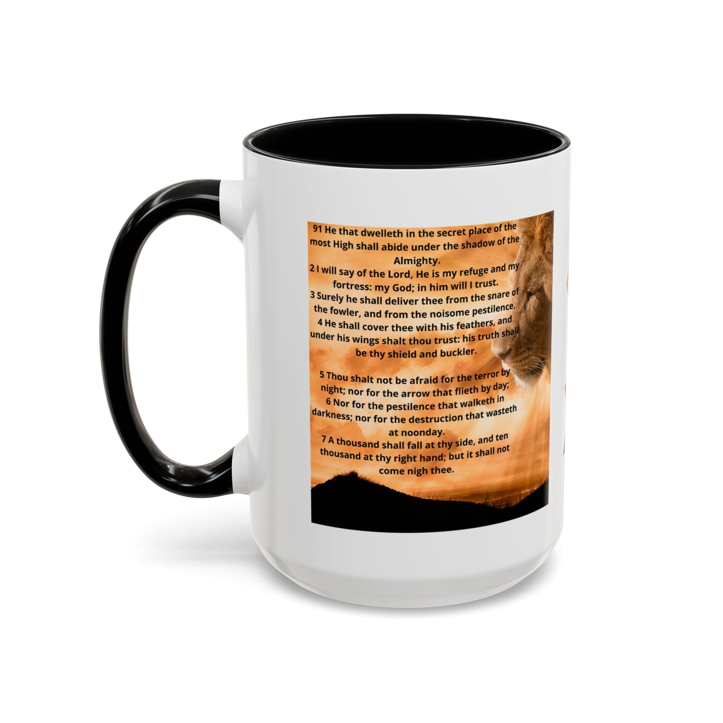 PSALM 91 Inspirational Lion Accent Coffee Mug | Motivational Gift, Scripture Mug, Unique Home Decor, Faith-Based Coffee Cup, Lion Design
