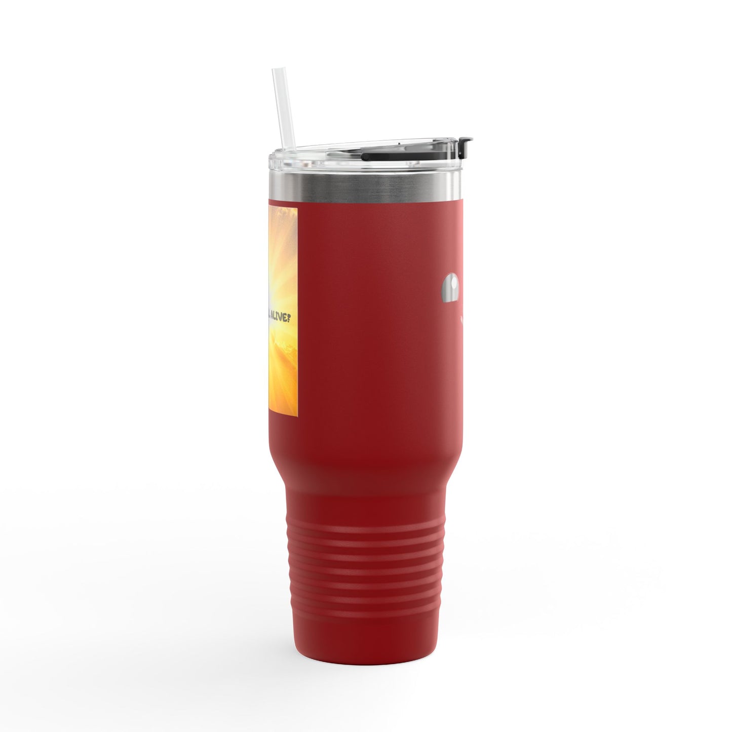 40oz Insulated Travel Mug — Cute Kawaii Face "Live" Design, Large Vacuum Tumbler with Straw