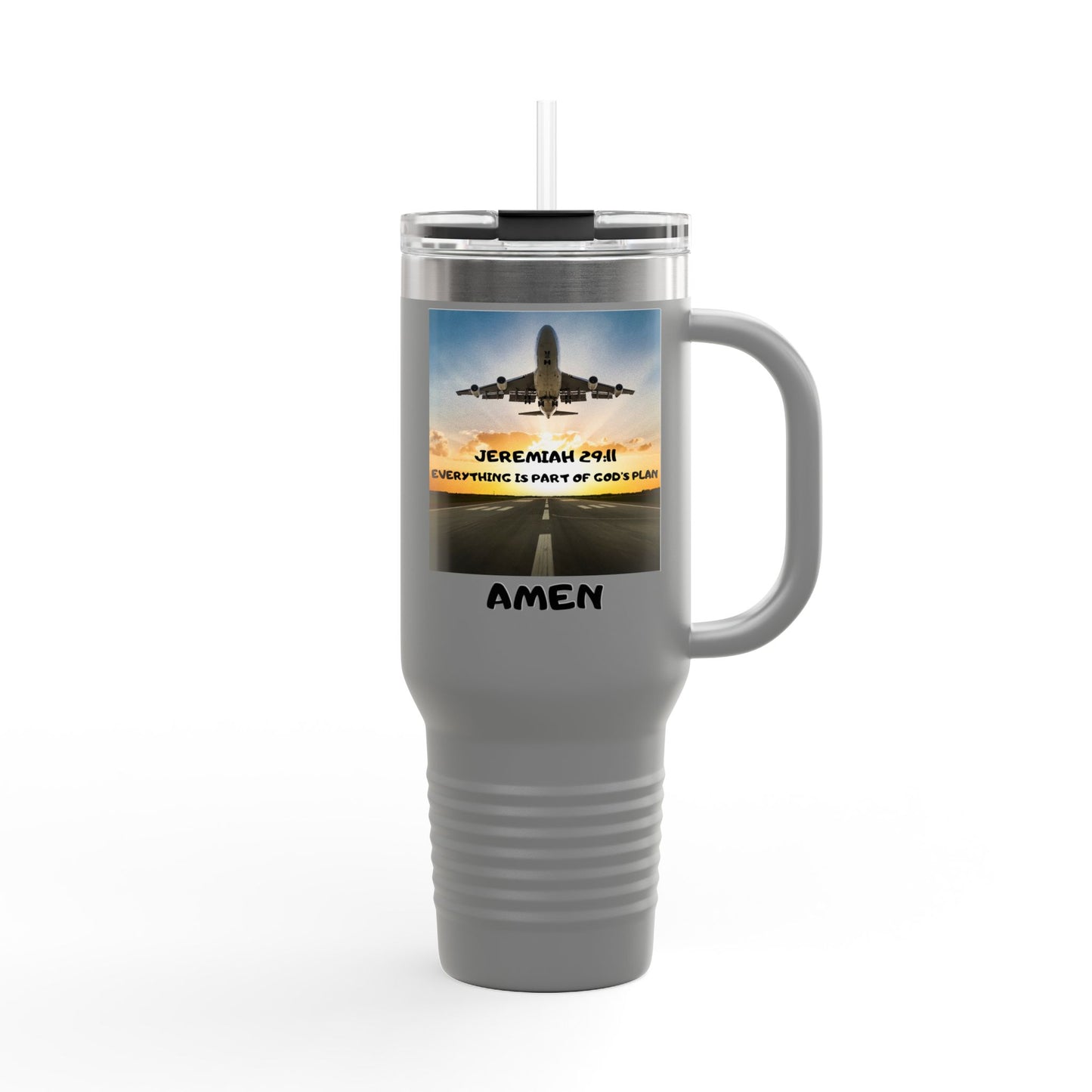 Insulated Travel Mug — 'Jeremiah 29:11' Airplane Prayer Design (Amen)