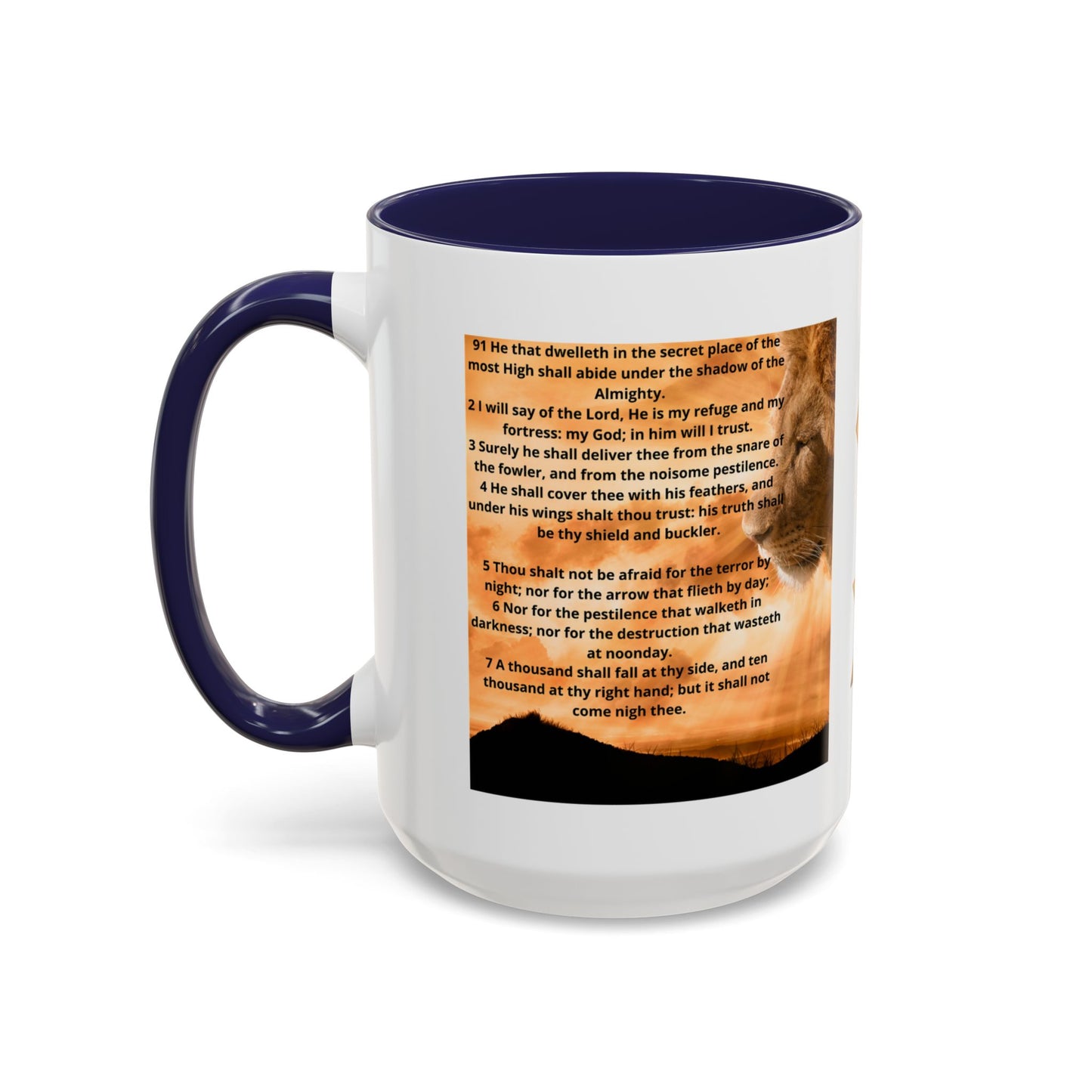 PSALM 91 Inspirational Lion Accent Coffee Mug | Motivational Gift, Scripture Mug, Unique Home Decor, Faith-Based Coffee Cup, Lion Design