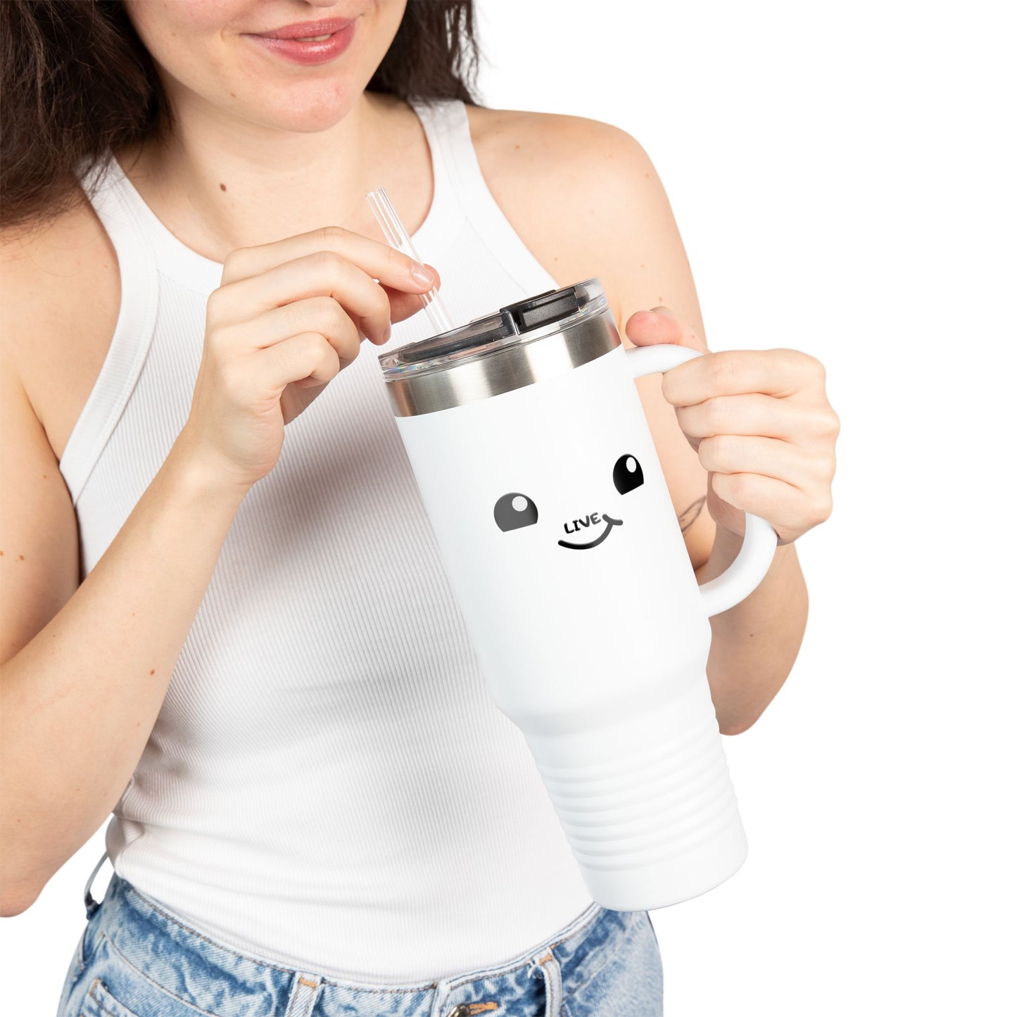 40oz Insulated Travel Mug — Cute Kawaii Face "Live" Design, Large Vacuum Tumbler with Straw
