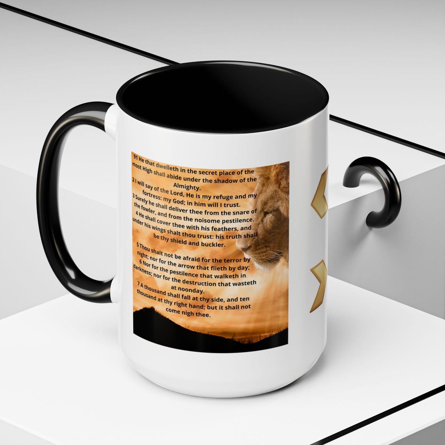 PSALM 91 Inspirational Lion Accent Coffee Mug | Motivational Gift, Scripture Mug, Unique Home Decor, Faith-Based Coffee Cup, Lion Design