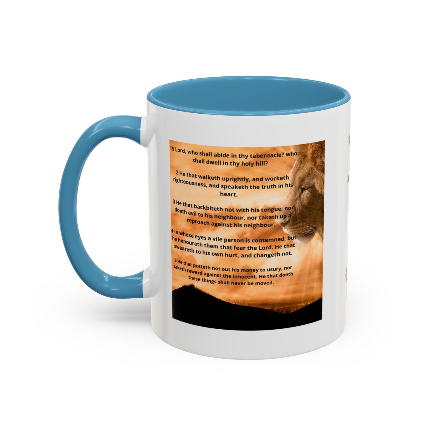 PSALM 15 ENG / SPA Inspirational Lion Accent Coffee Mug | Faith Mug, Motivational Gift, Nature Lover's Cup, Home Decor, Office Drinkware
