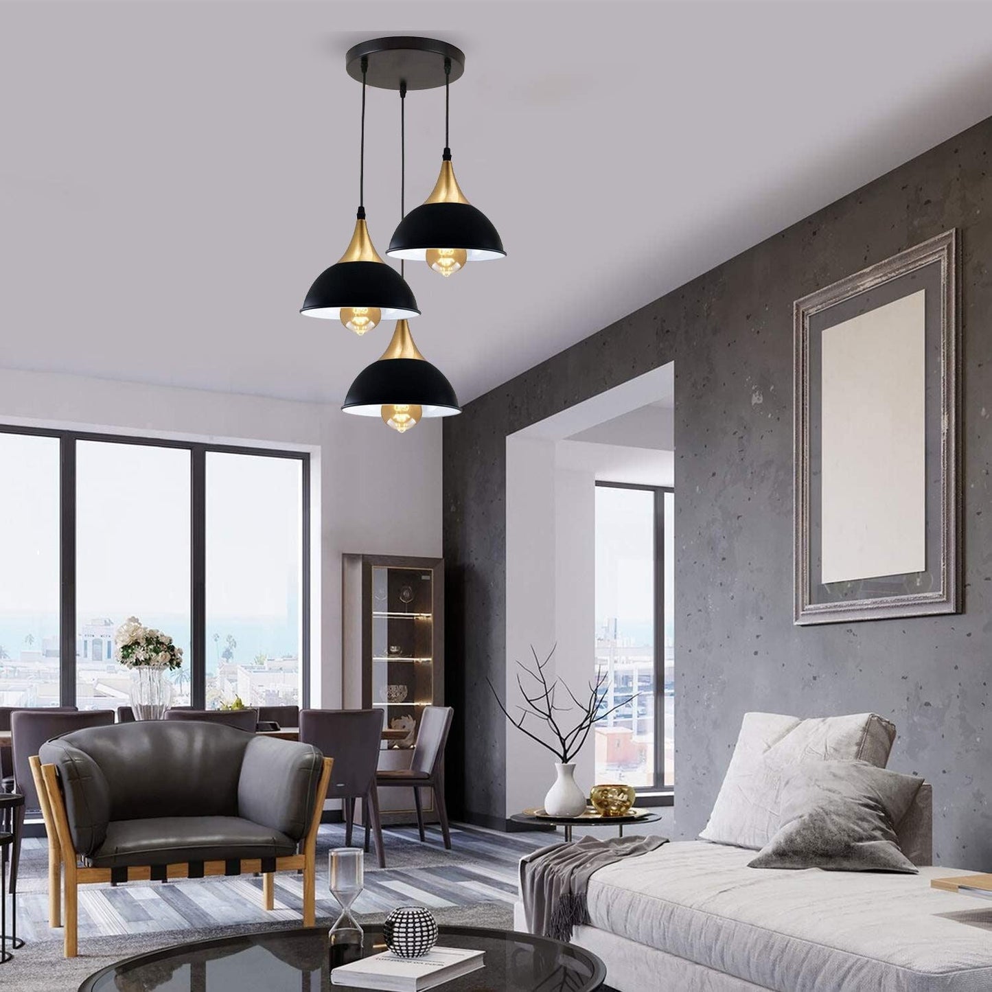Retro Industrial 3Way Hanging Ceiling Pendant Light Black Dome Shape
