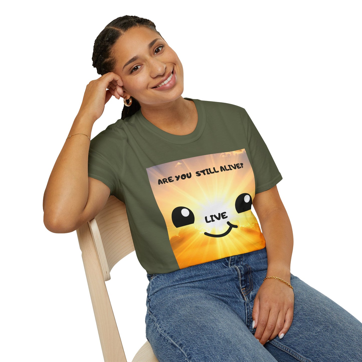 Live Smiley T-Shirt — 'Are You Still Alive?' Sunburst Positive Tee
