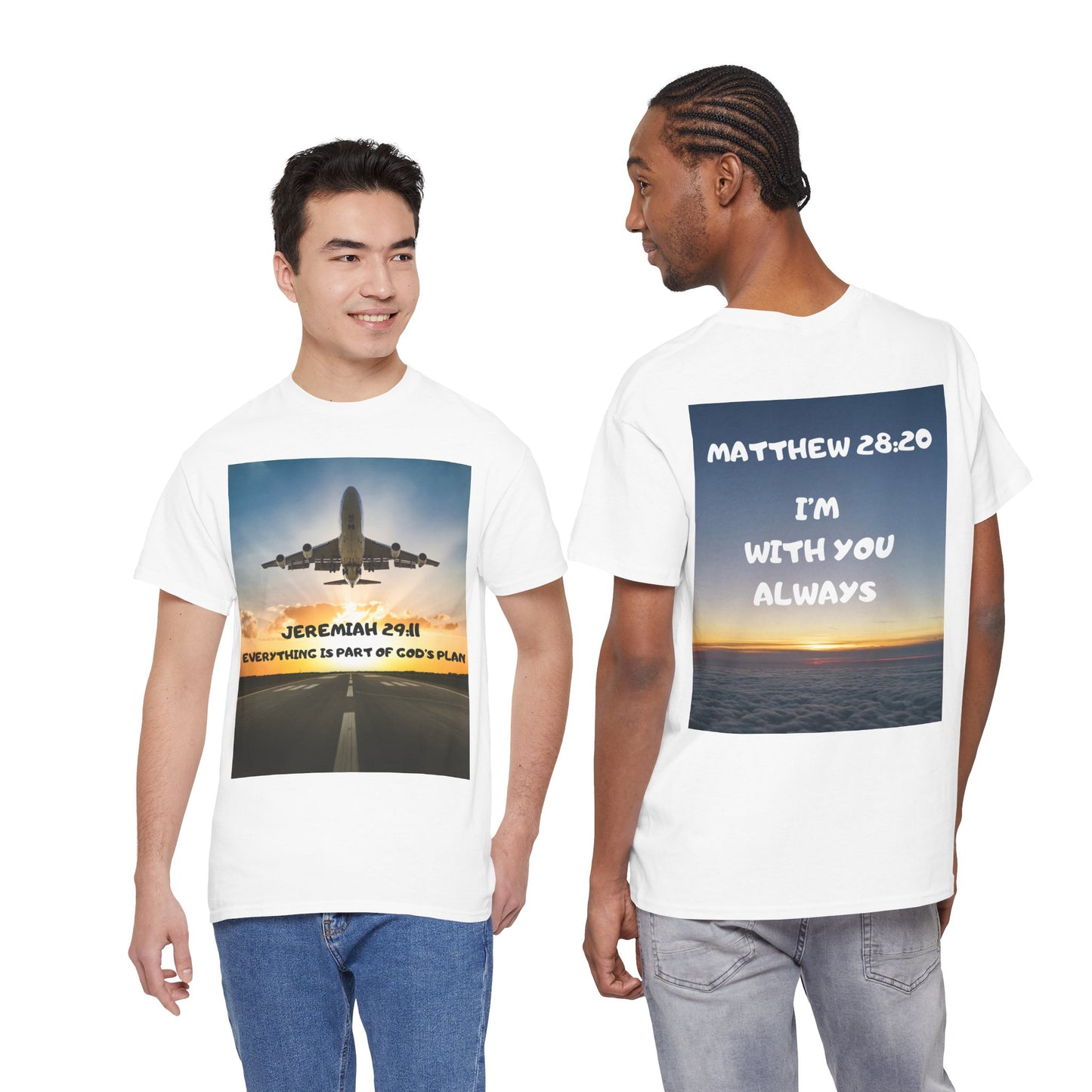 Faith Travel T‑Shirt — “Jeremiah 29:11 / Matthew 28:20” Inspirational Plane Tee