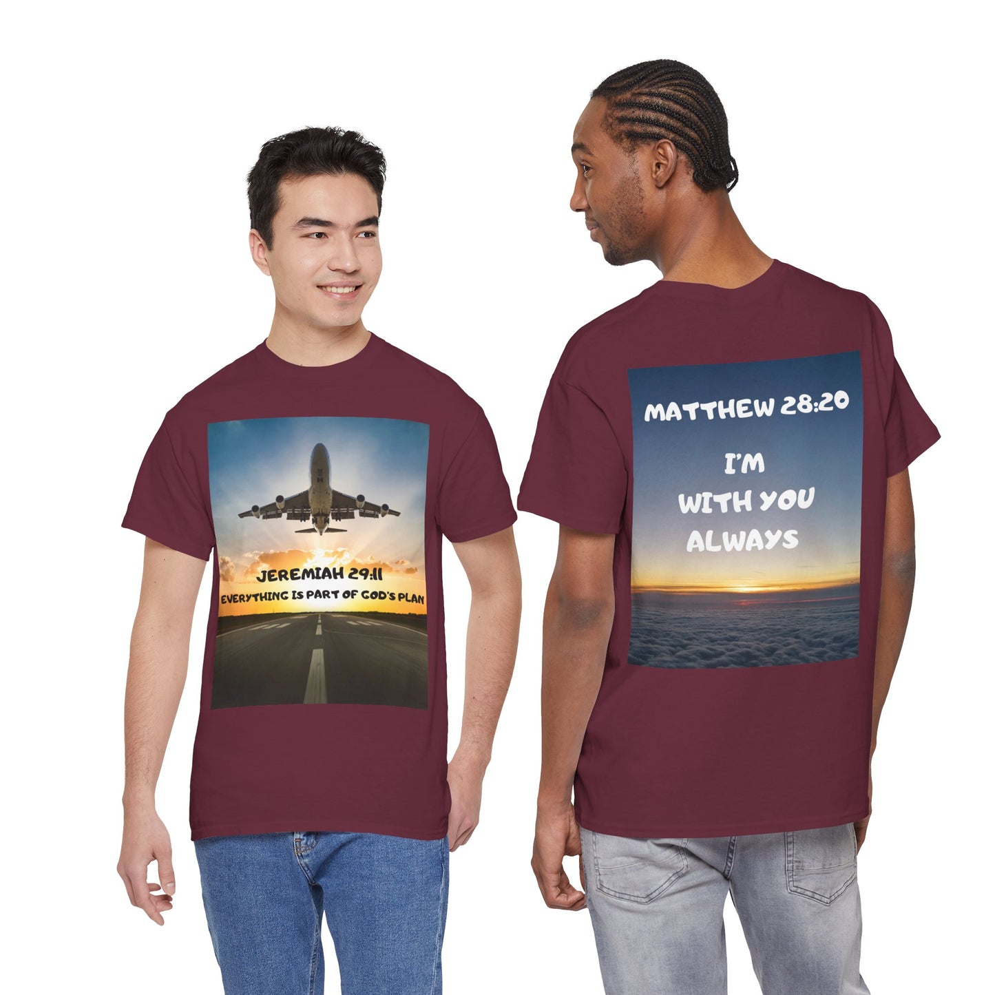 Faith Travel T‑Shirt — “Jeremiah 29:11 / Matthew 28:20” Inspirational Plane Tee