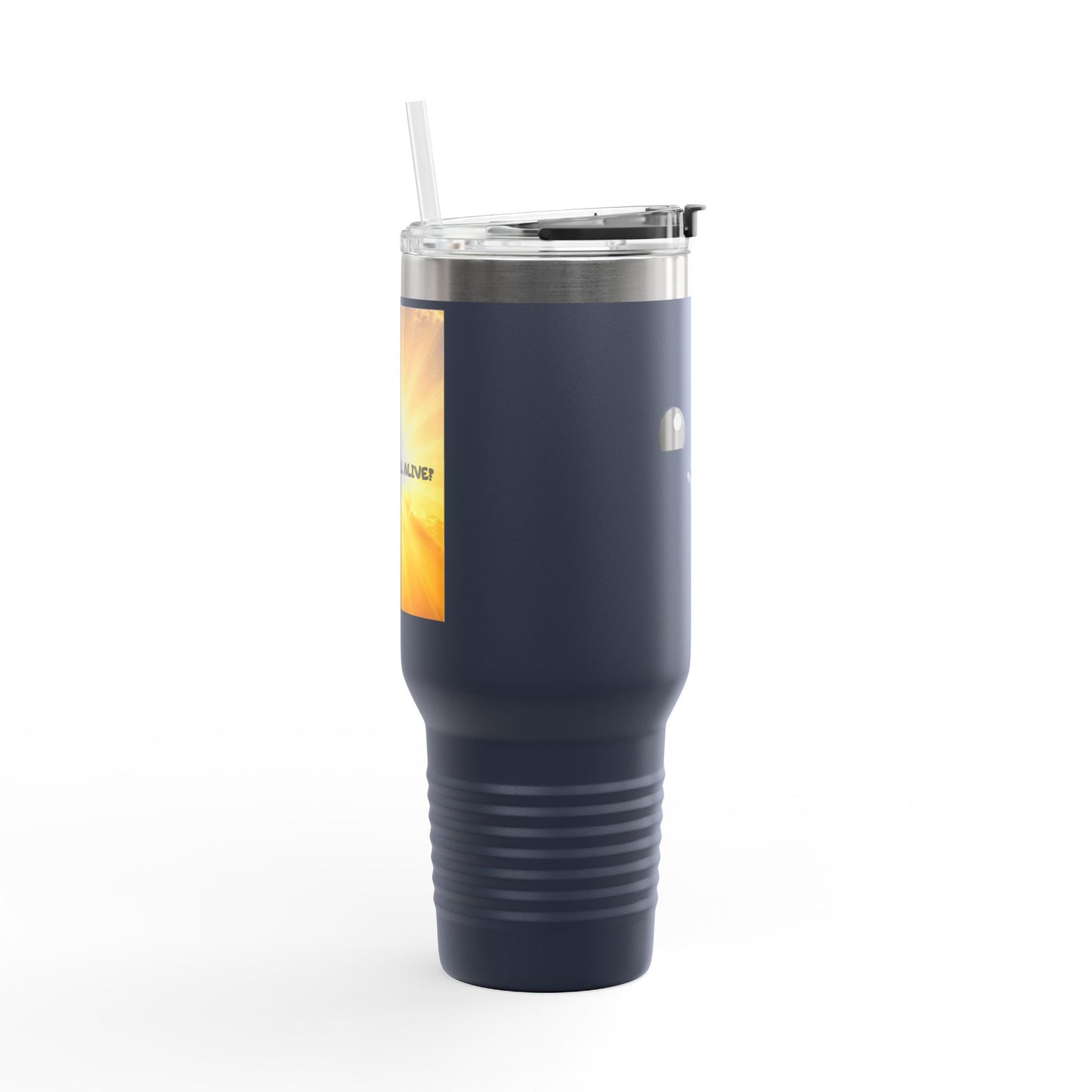 40oz Insulated Travel Mug — Cute Kawaii Face "Live" Design, Large Vacuum Tumbler with Straw