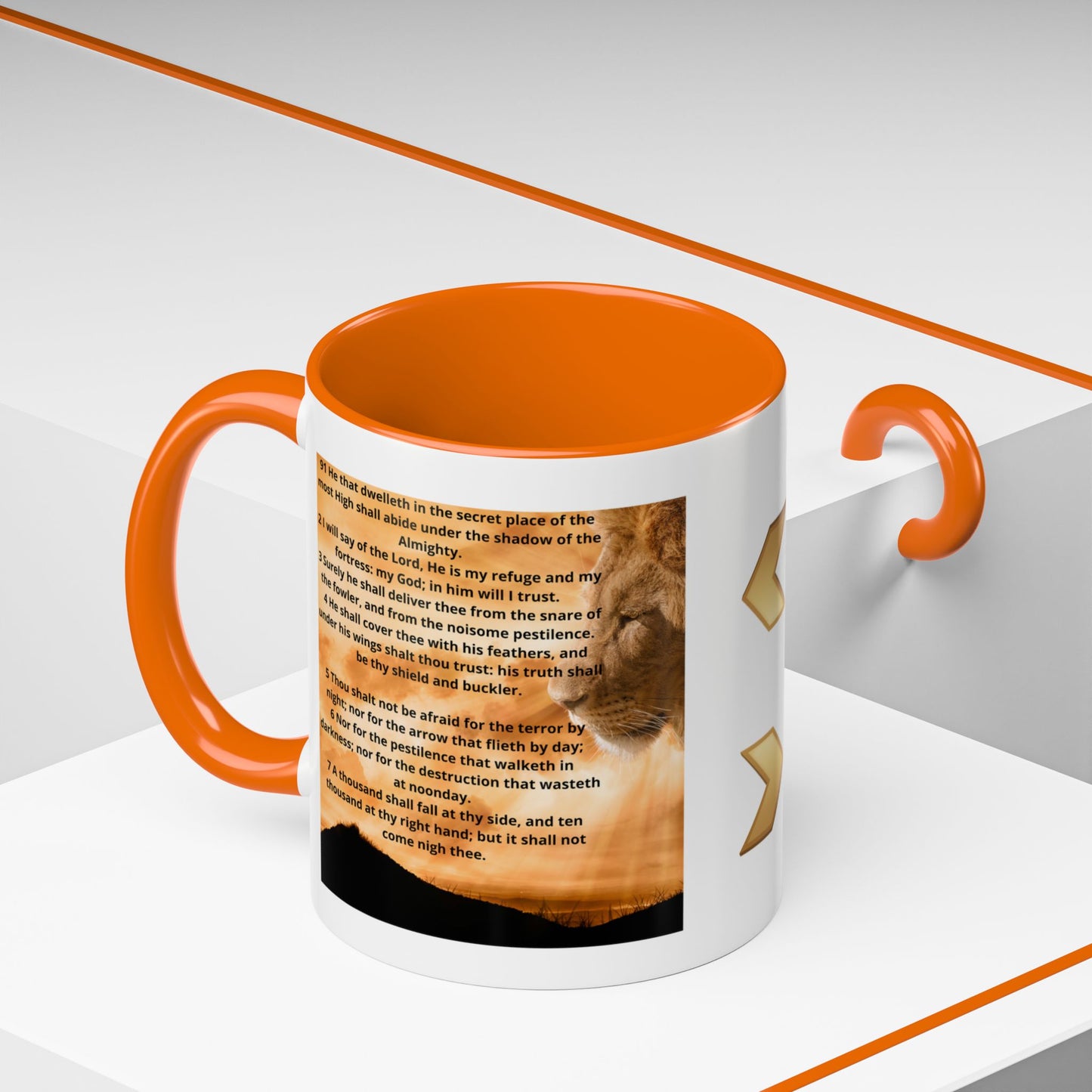 PSALM 91 Inspirational Lion Accent Coffee Mug | Motivational Gift, Scripture Mug, Unique Home Decor, Faith-Based Coffee Cup, Lion Design