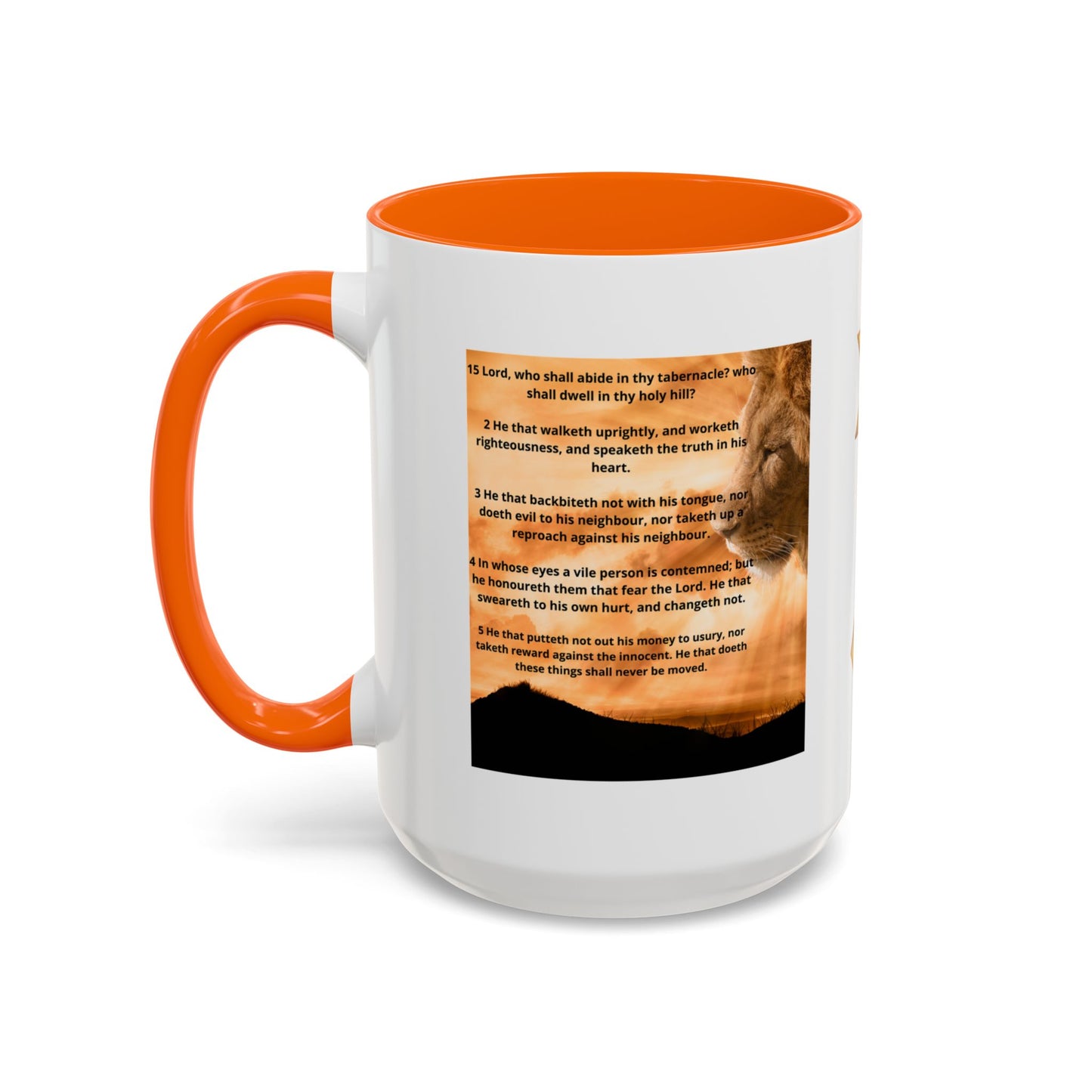 PSALM 15 ENG / SPA Inspirational Lion Accent Coffee Mug | Faith Mug, Motivational Gift, Nature Lover's Cup, Home Decor, Office Drinkware