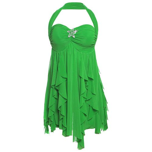 Ins Halter Neck Backless Dress Summer Sexy Printed Irregular Mesh