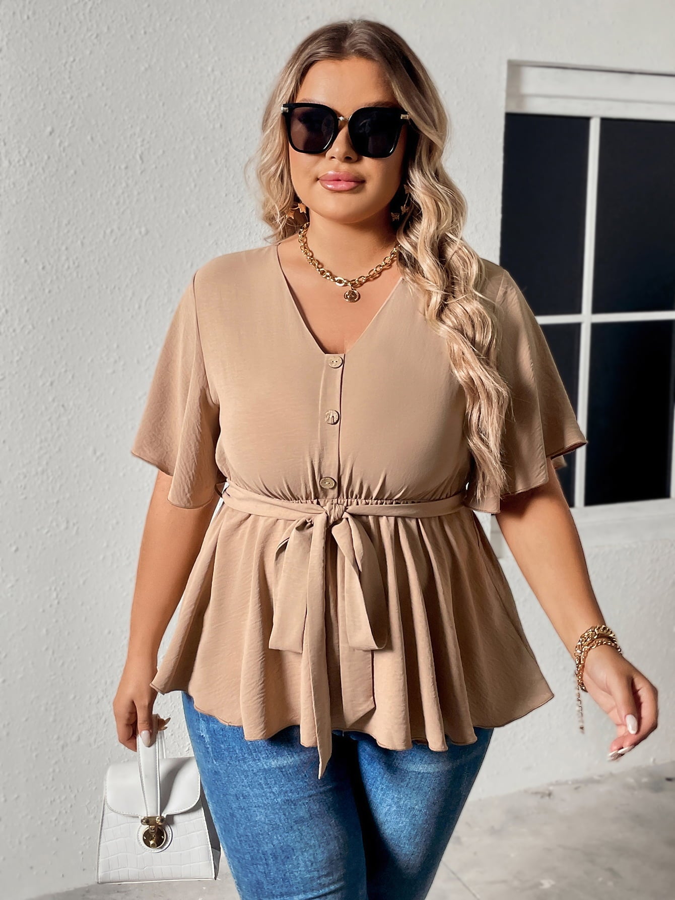 Plus Size Buttoned Tie Waistband Flutter Sleeve Blouse