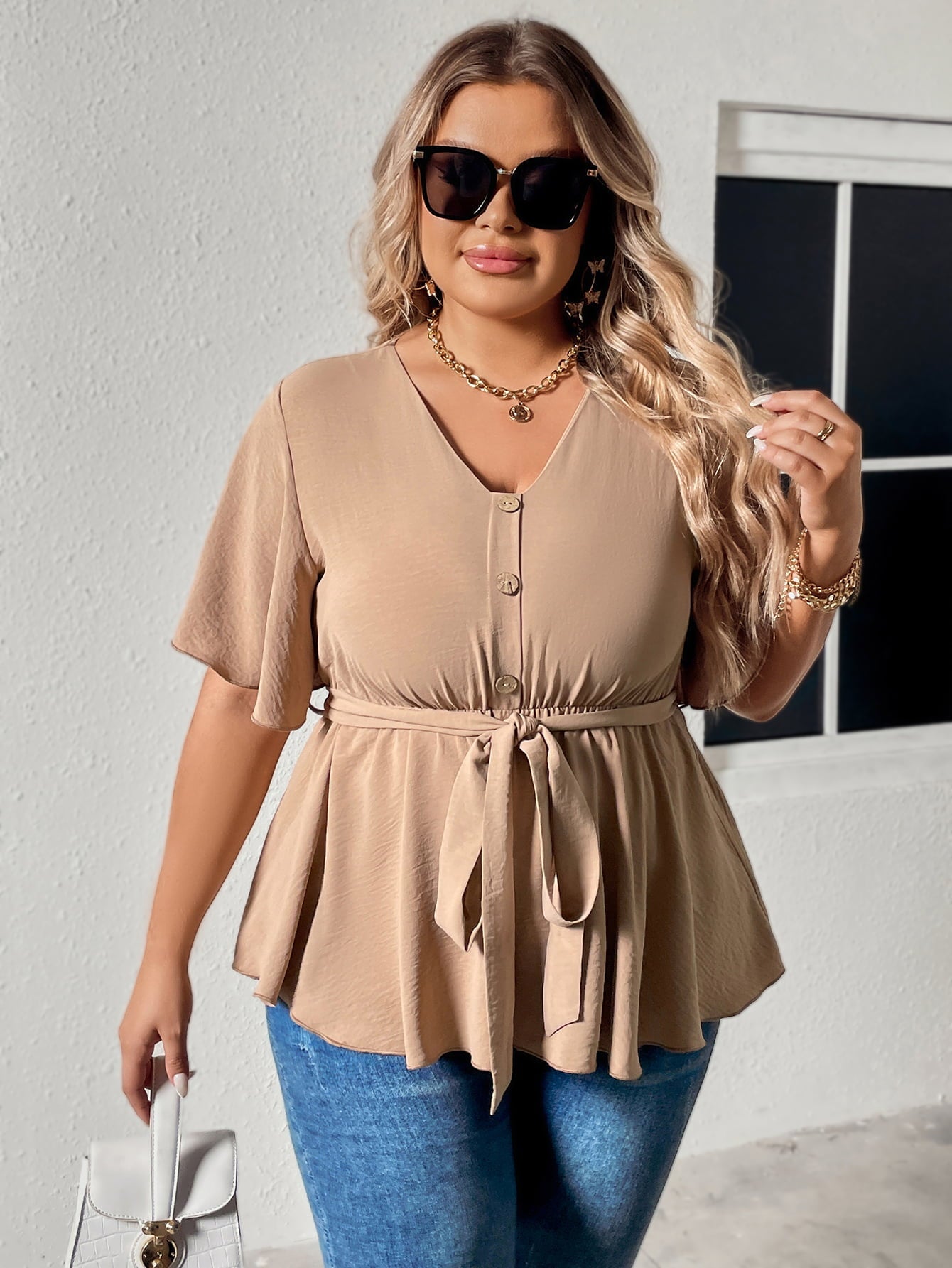 Plus Size Buttoned Tie Waistband Flutter Sleeve Blouse