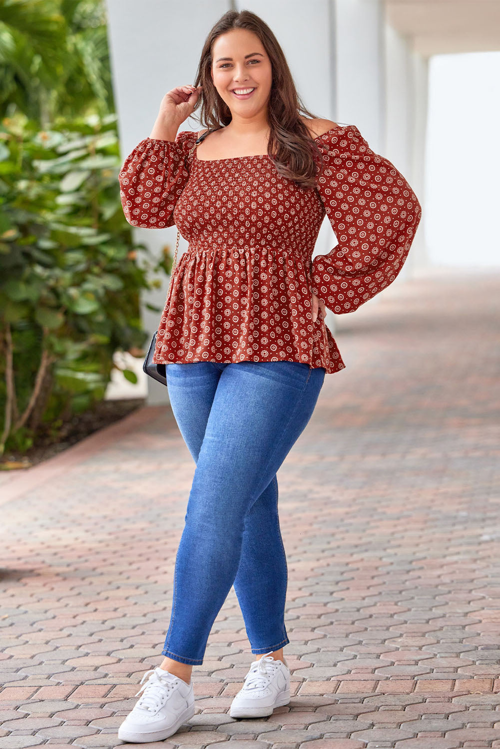 Red Plus Size Square Neck Printed Peplum Top