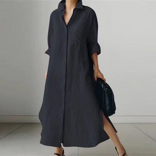 Women's Slit Shirt Dress Solid Color Long-sleeved Cardigan Irregular