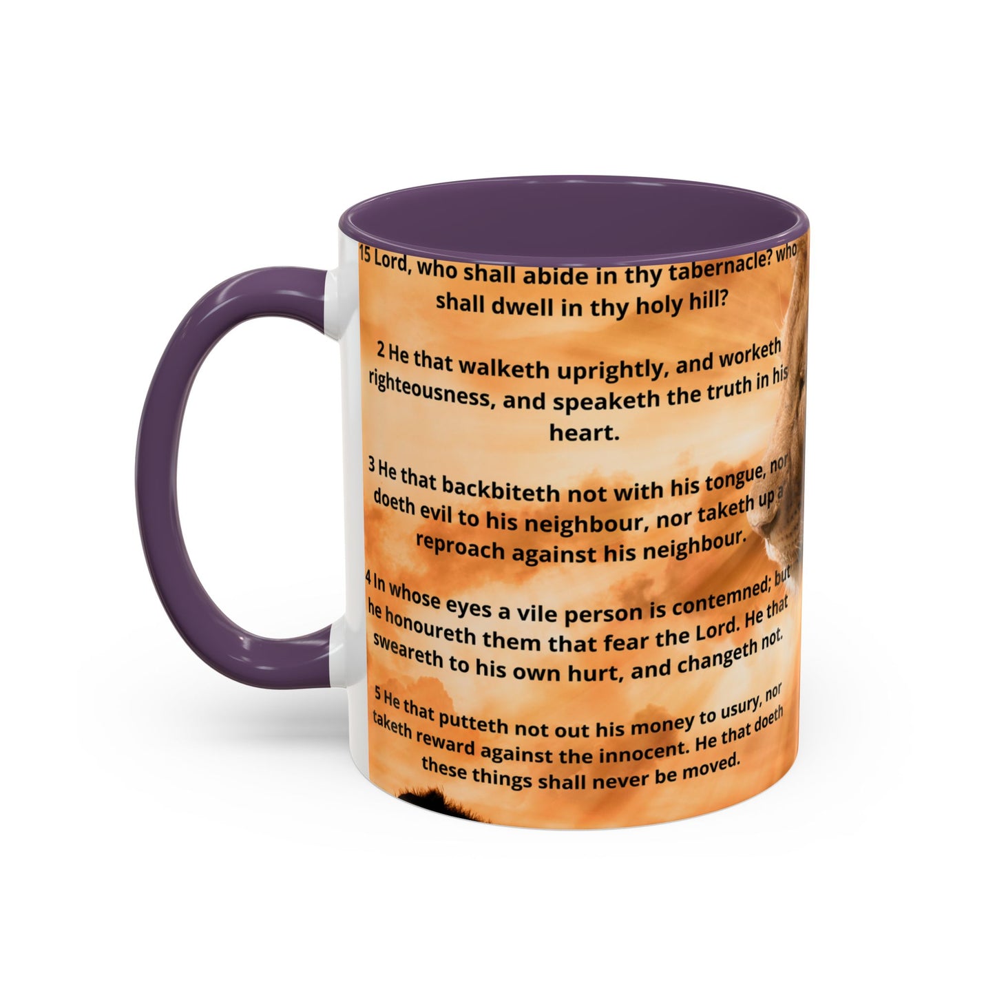 PSALM 15 ENG / SPA Inspirational Lion Accent Coffee Mug | Faith Mug, Motivational Gift, Nature Lover's Cup, Home Decor, Office Drinkware